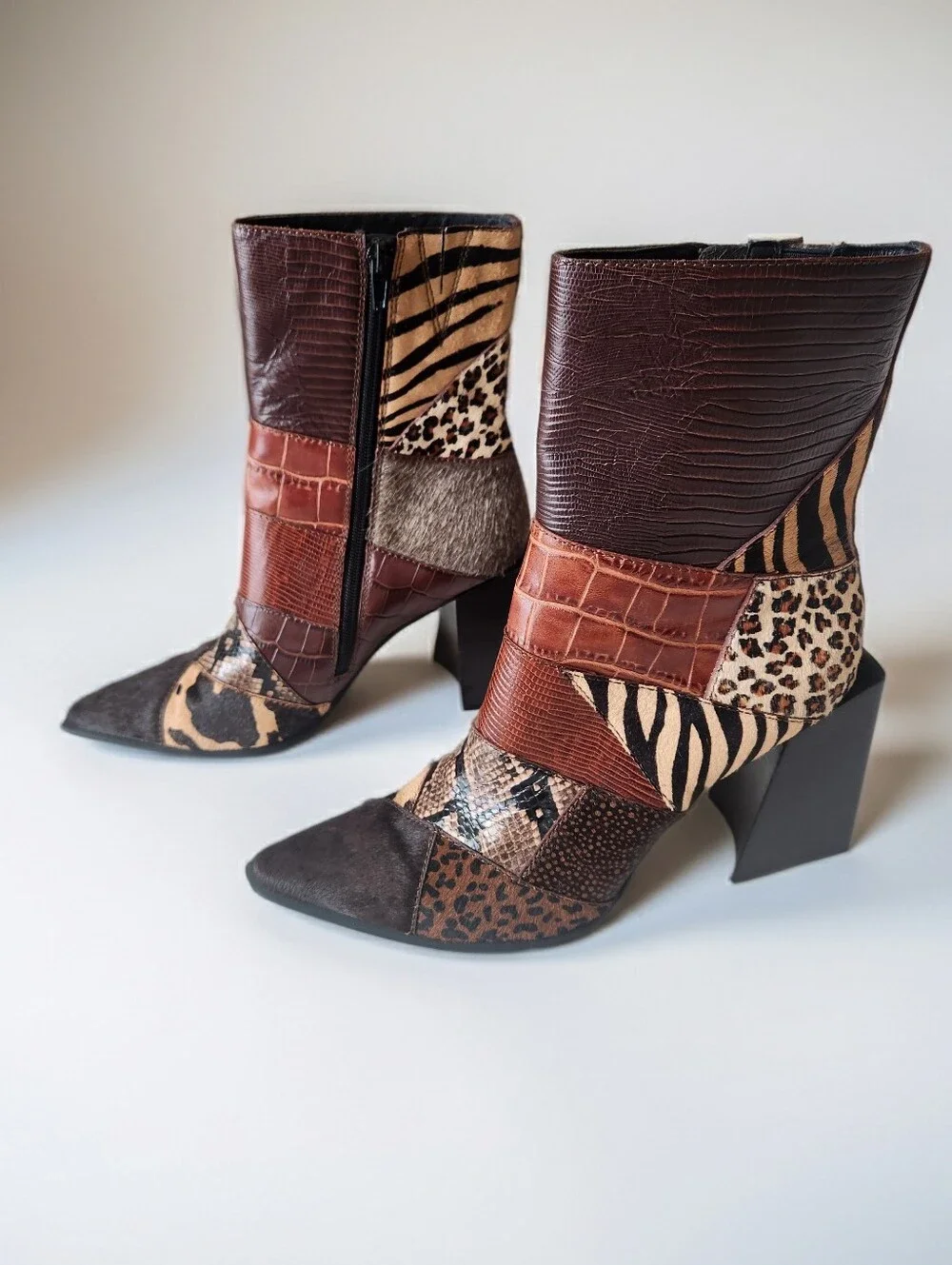 Jeffrey Campbell Caballeros La Siren Mixed Media Calf-hair Patchwork Boots 8.5